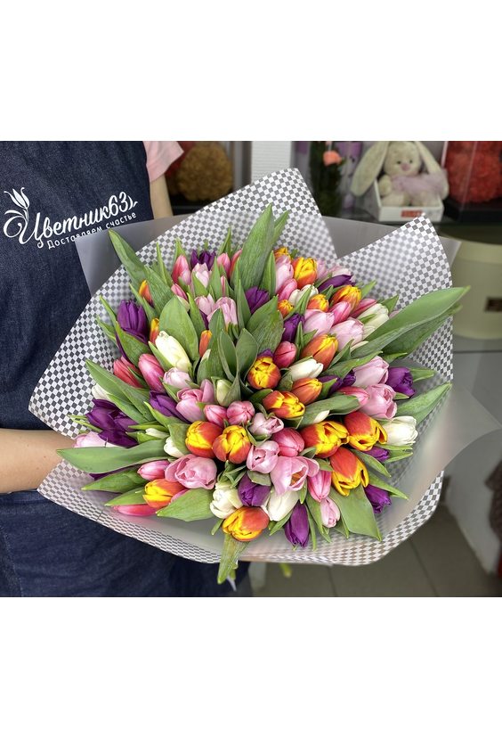 Букет "Весеннее настроение" из 101 тюльпана   - Бесплатная доставка цветов и букетов в Самаре. Заказ цветов онлайн, любой способ оплаты