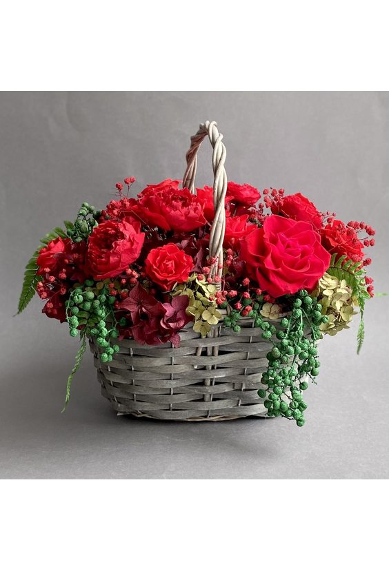 Корзина «Огонь любви» (стаб. цветы)   - Бесплатная доставка цветов и букетов в Самаре. Заказ цветов онлайн, любой способ оплаты