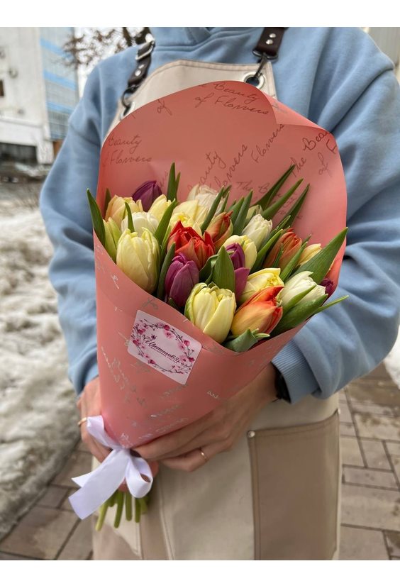 Букет 25 тюльпанов микс (пион.)   - Бесплатная доставка цветов и букетов в Самаре. Заказ цветов онлайн, любой способ оплаты