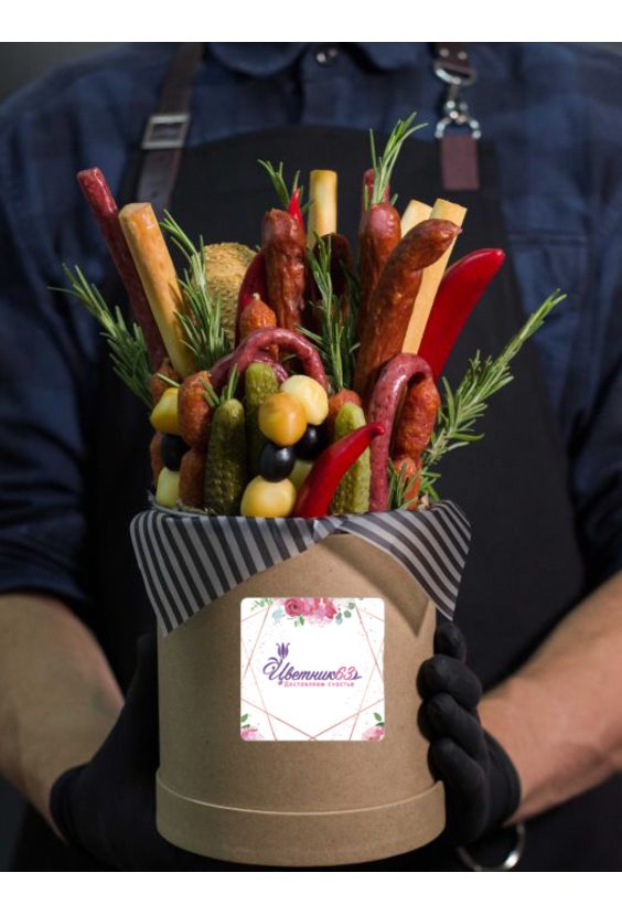 Мужская коробка с колбасой №3   - Бесплатная доставка цветов и букетов в Самаре. Заказ цветов онлайн, любой способ оплаты