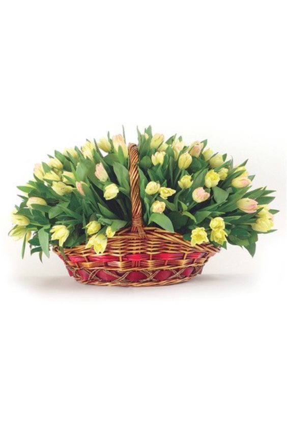 Корзина из 101 тюльпана   - Бесплатная доставка цветов и букетов в Самаре. Заказ цветов онлайн, любой способ оплаты